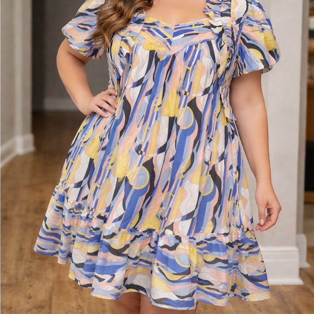 entro Multicolor Swirl Mini Dress in Blue, Yellow & Pink